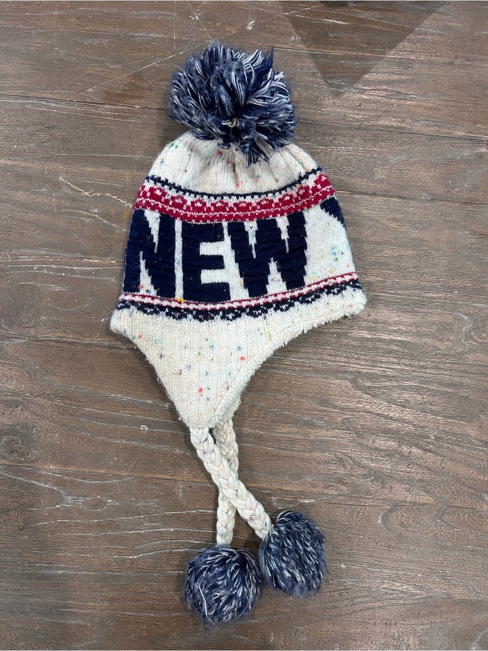 New York Navy & Cream Knit Pom Earflap Hat